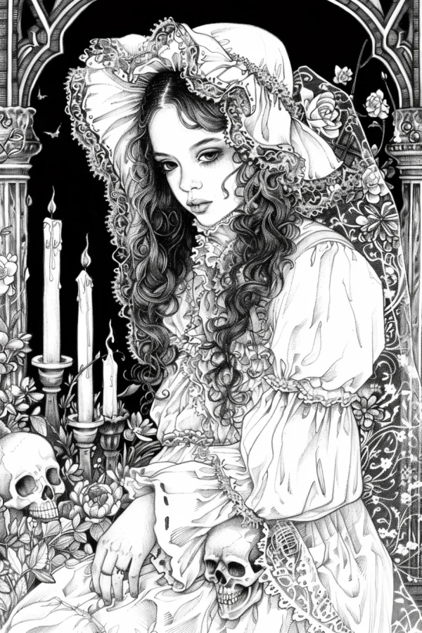 Gothic vintage girl with lace bonnet and curly long hair, surrounded by skulls — free printable victorian coloring book page