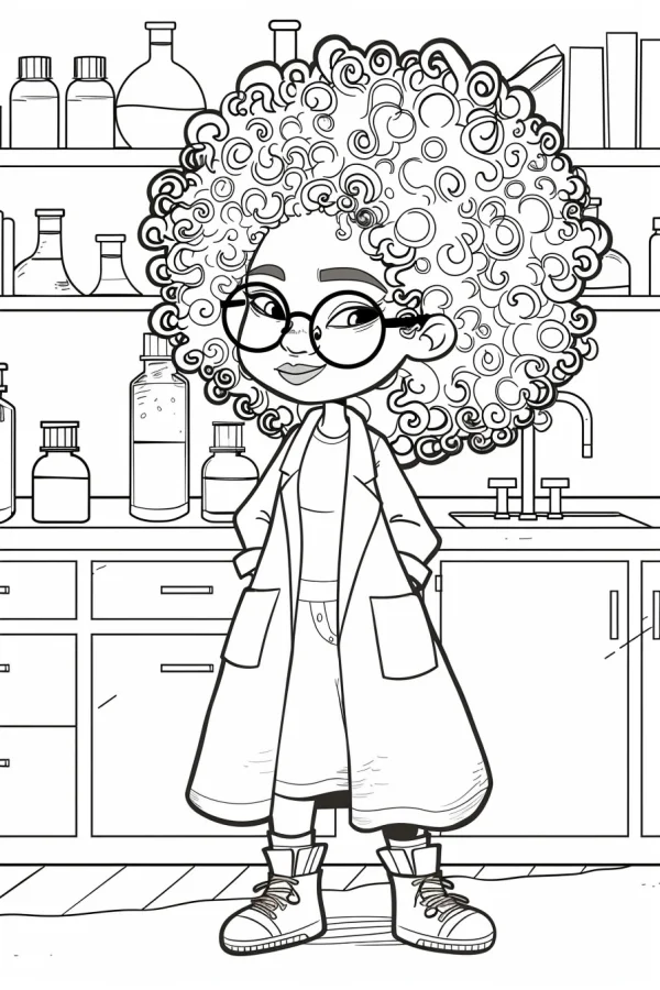 Cartoon curly-haired girl scientist with round glasses, wearing lab coat — free printable science coloring book page