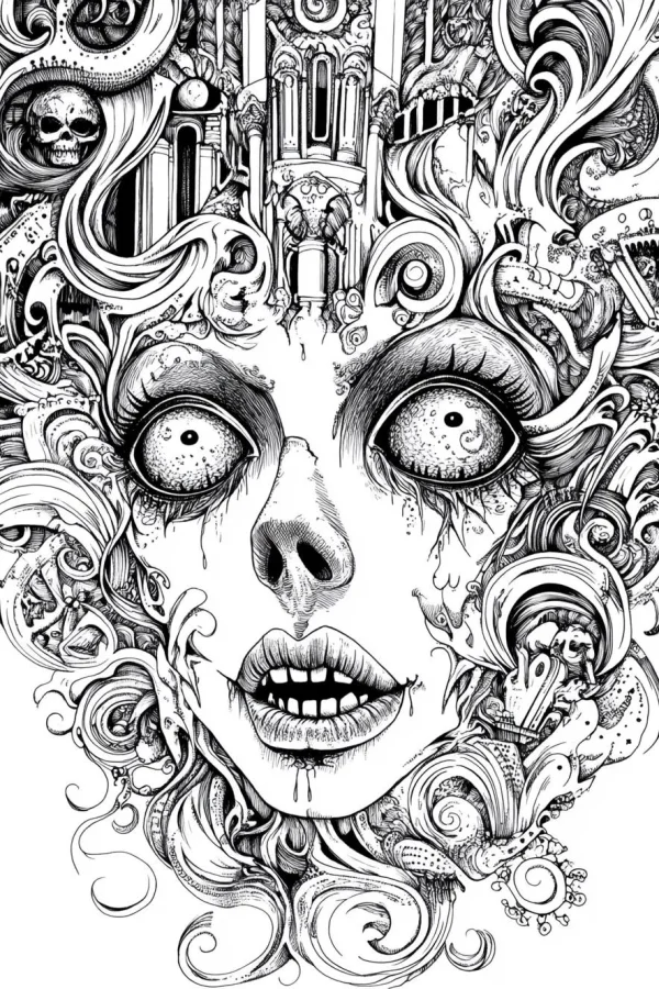 Creepy horror human face, gothic surreal style — free printable surreal coloring book page