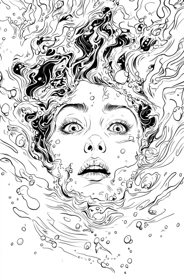 Terrified woman's face submerged in swirling water with bubbles, abstract sketch style — free printable dreams coloring book page