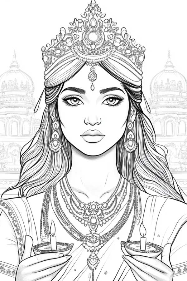 Indian traditionally dressed woman holding diya lamps, adorned with ornate headdress and layered necklaces — free printable festivals coloring book page