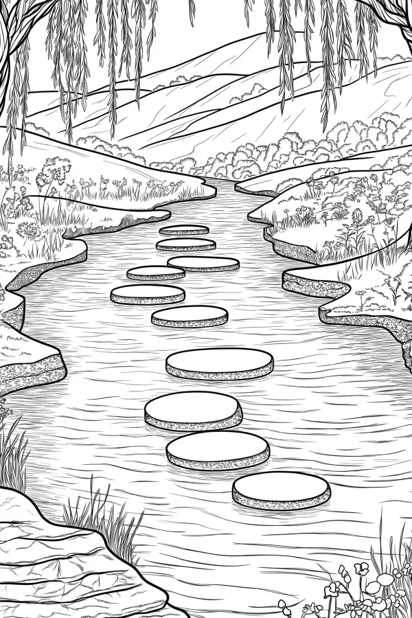 Stepping stones over a stream in natural landscape, with weeping willows — free printable hiking coloring book page