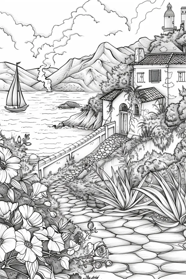 Coastal town landscape with cottage and lighthouse, realistic line art style — free printable beach town coloring book page
