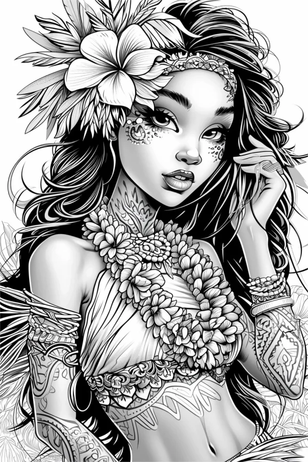 Polynesian style girl with hibiscus flower headdress and floral lei, tribal tattoo patterns on arms and neck — free printable polynesian culture coloring book page