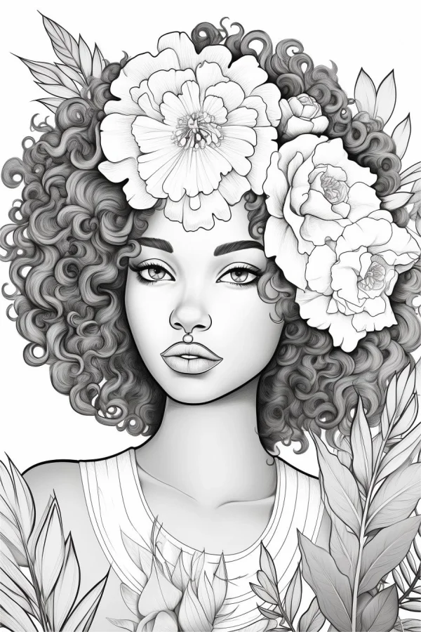 Curly-haired woman with peony flower headdress and leaf decorations, realistic illustration style — free printable character theme coloring book page