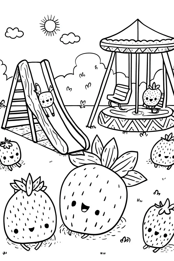 Cute anthropomorphic strawberries in amusement park, cartoon style — free printable theme park coloring book page