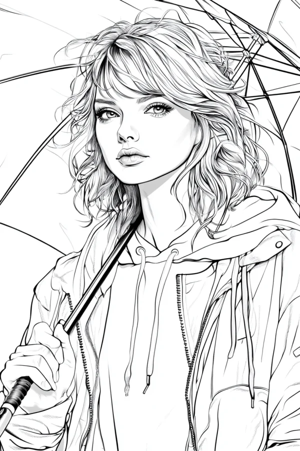 Short-haired girl holding an umbrella, realistic sketch style — free printable daily scene coloring book page