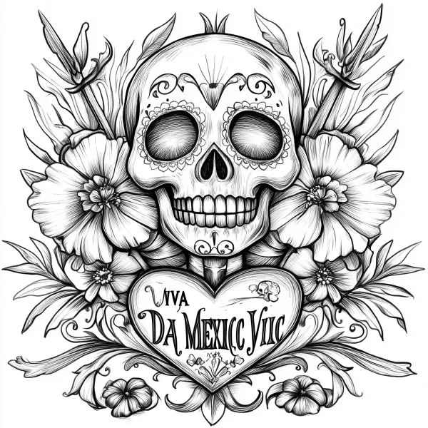 Day of the dead decorated skull with intricate facial patterns, surrounded by marigold-like flowers — free printable mexican culture coloring book page