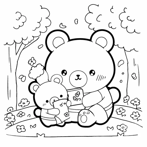Cute mother bear and baby bear reading together outdoors, cartoon style — free printable parent-child coloring book page