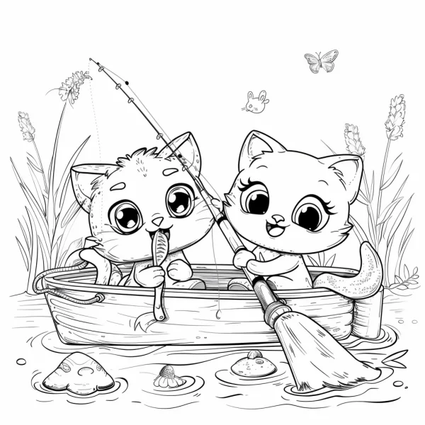 Two cute cartoon cats fishing in a small boat, cartoon style — free printable fishing coloring book page