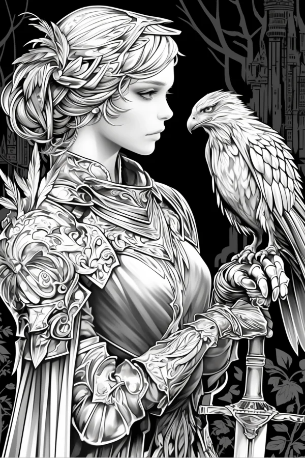 Elegant female warrior in ornate armor with a falcon perched on her gauntlet, fantasy medieval style — free printable scenes coloring book page