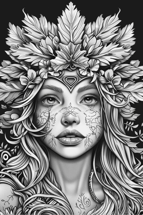 Forest elf girl with leaf crown and floral face decorations, fantasy illustration style — free printable character theme coloring book page