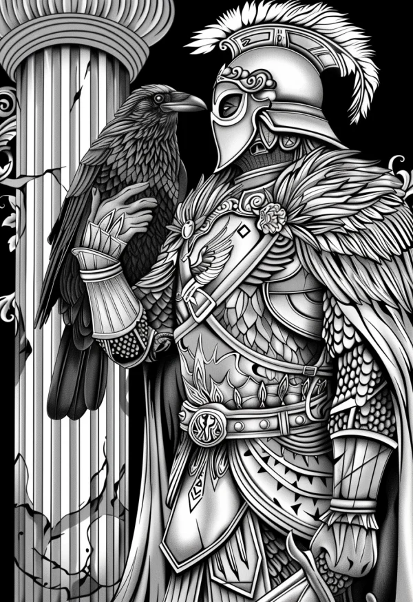 Roman warrior with a raven perched on his hand, classical roman style — free printable roman culture coloring book page