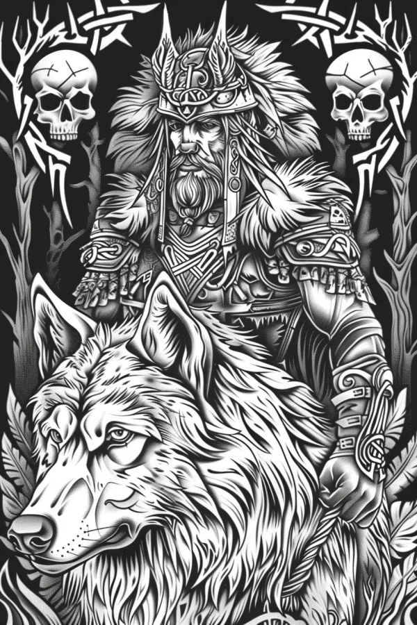 Nordic warrior with giant wolf, nordic tribal art style — free printable nordic culture coloring book page