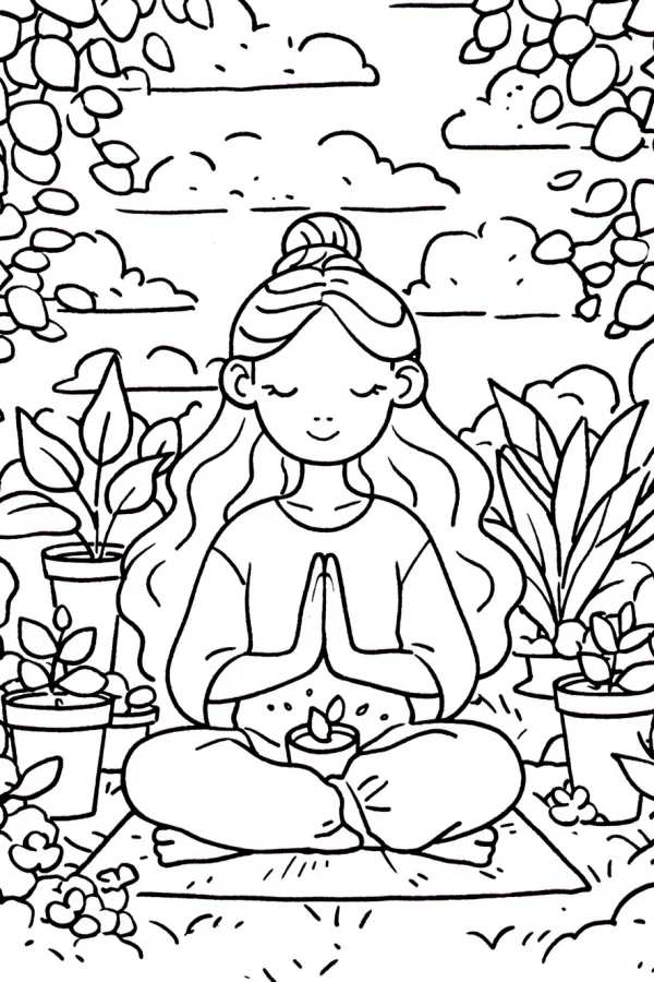 Yoga girl meditating with potted plants, cartoon style — free printable yoga coloring book page