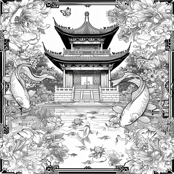 Chinese ancient pavilion with koi carps, chinese style — free printable classical architecture coloring book page