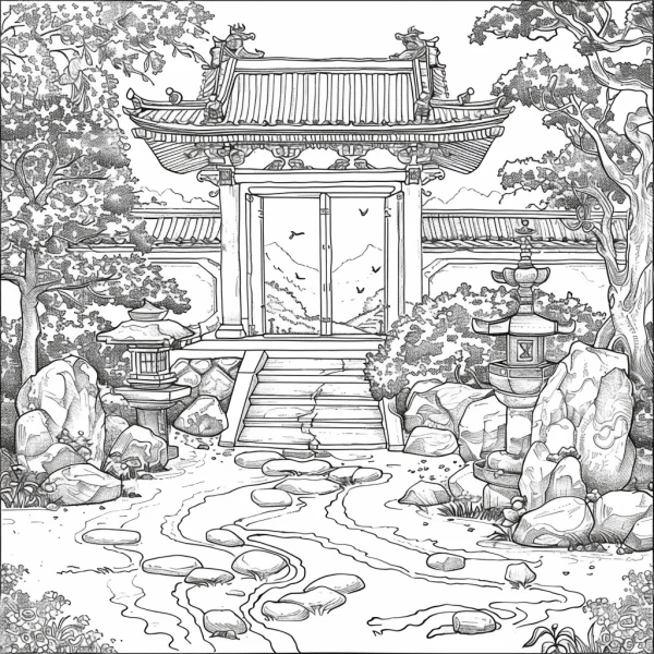 Traditional chinese courtyard gate, chinese style — free printable gardens coloring book page