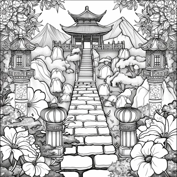 Chinese-style classical pavilion garden landscape, fine clean  stone path leading to traditional chinese pavilion — free printable classical architecture coloring book page