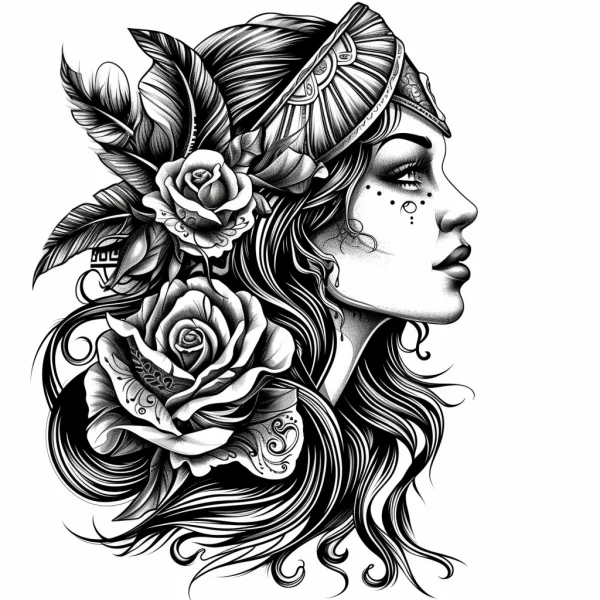 Profile of vintage woman with roses and feathers, decorative art style — free printable character theme coloring book page
