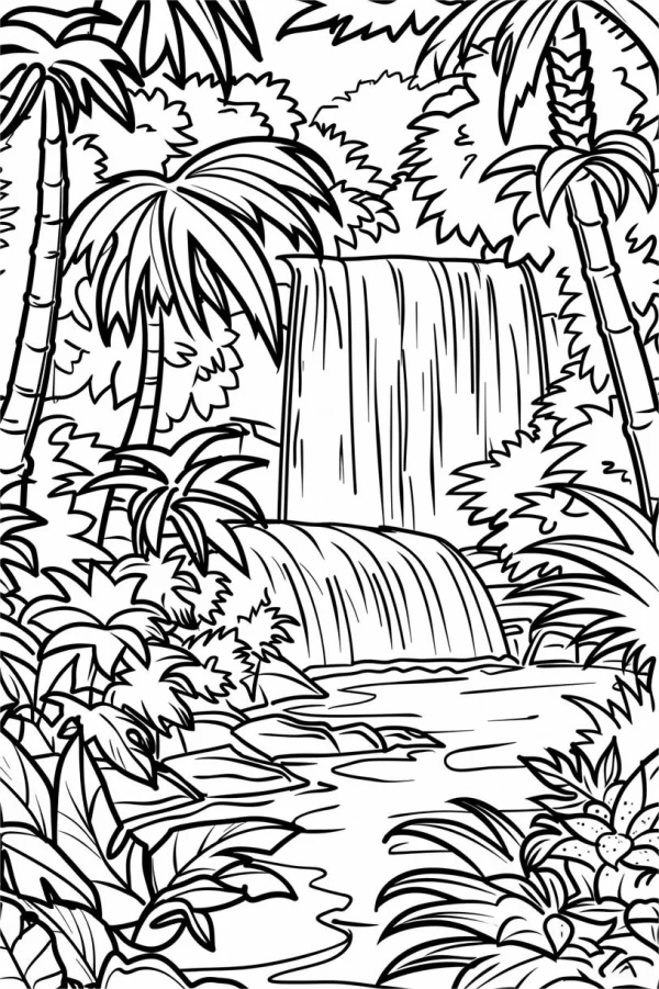 Rainforest waterfall landscape, illustration style — free printable rainforest coloring book page