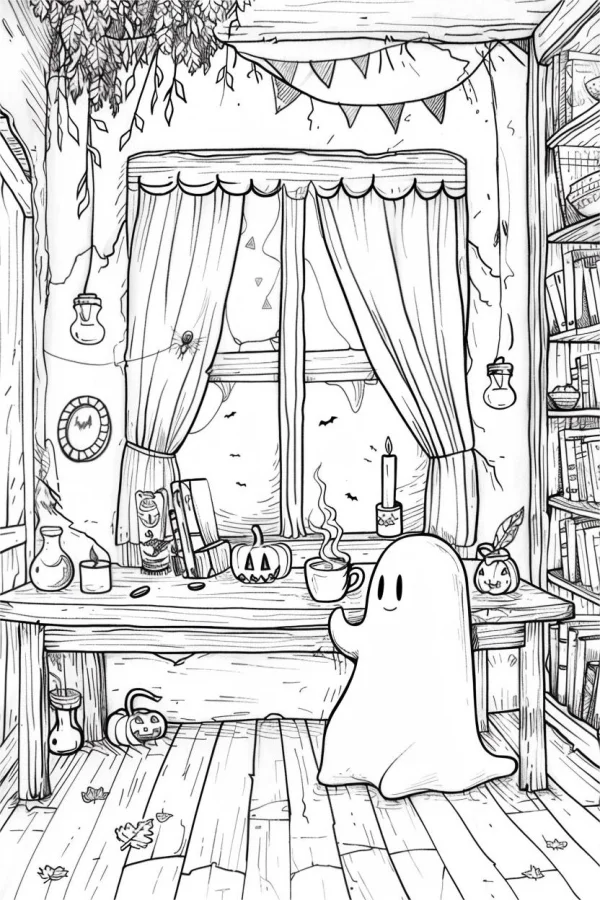Cute ghost sitting at a wooden desk, cartoon illustration style — free printable indoor life coloring book page