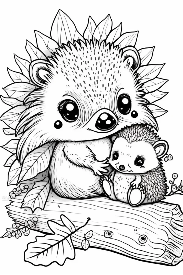 Cute mother and baby hedgehogs sitting on a log, cartoon style — free printable parent-child coloring book page