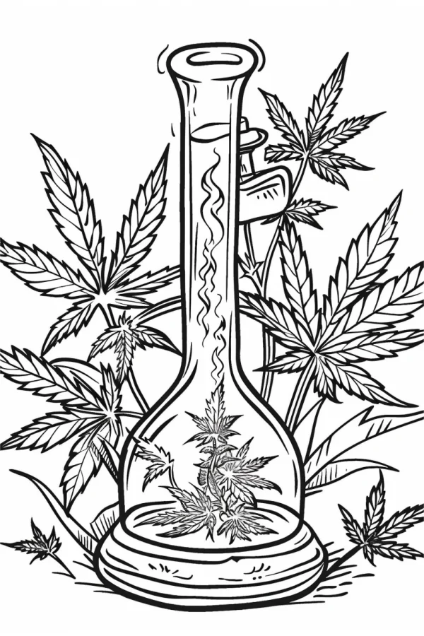 Glass bong surrounded by cannabis leaves, realistic sketch line art — free printable cannabis culture coloring book page