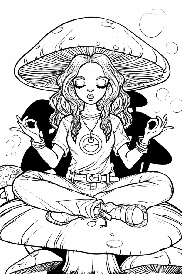 Meditating girl sitting on giant mushroom, cartoon illustration style — free printable yoga coloring book page
