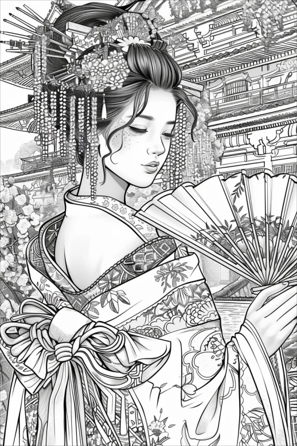 Japanese woman in traditional kimono with elaborate hair ornaments, japanese style — free printable traditional culture coloring book page