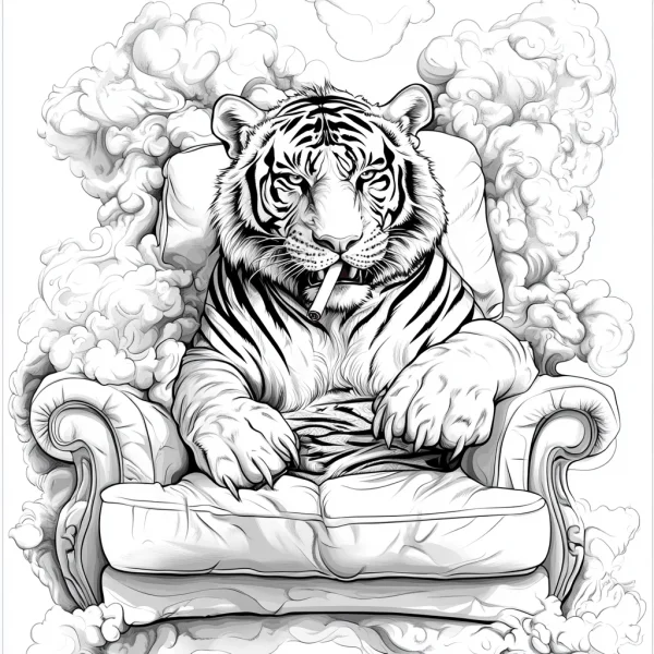Anthropomorphic tiger sitting on a sofa with a cigarette in mouth, realistic sketch style — free printable personification coloring book page