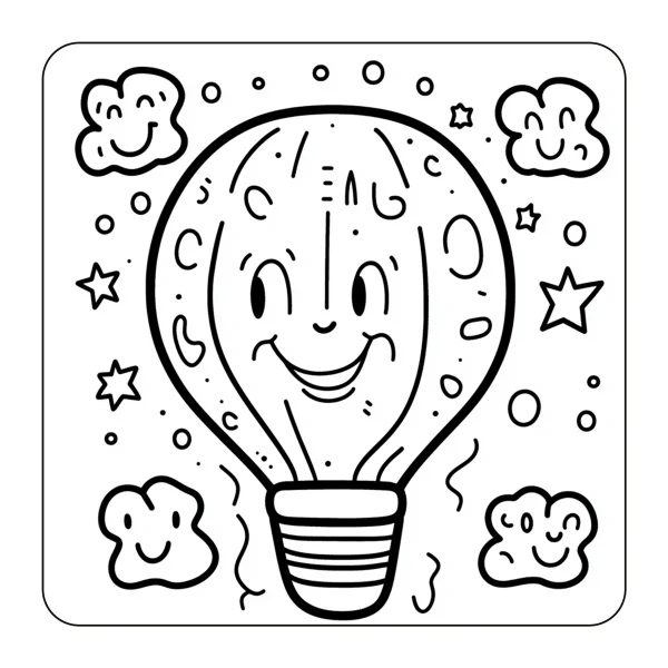Anthropomorphic smiling light bulb, cartoon style — free coloring book page
