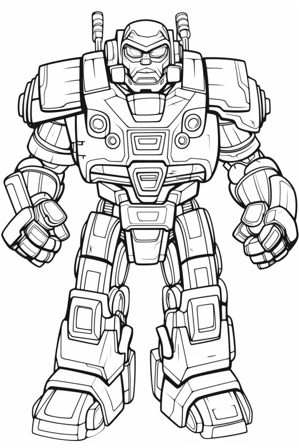 Heavy armored robot, sci-fi cartoon style — free printable robot coloring book page