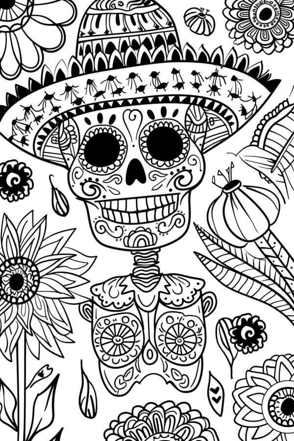 Day of the dead sugar skull with sombrero, surrounded by sunflowers and various decorative flowers — free printable cultural theme coloring book page
