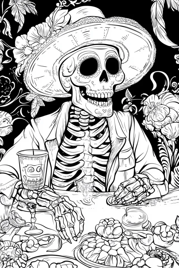 Day of the dead skeleton wearing sombrero, mexican folk art style — free printable scenes coloring book page
