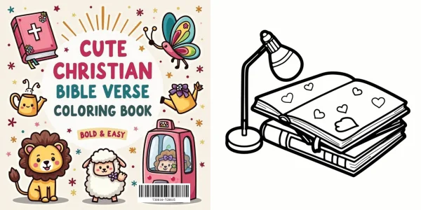 Coloring book spread, left side is cute christian theme cover with bible with cross — free printable christianity coloring book page