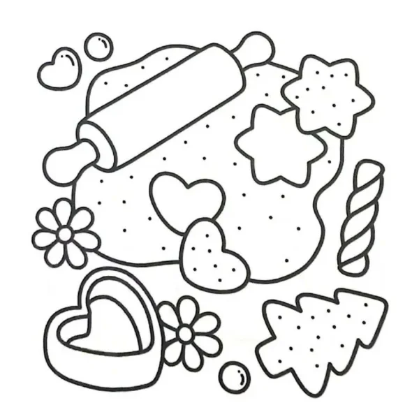 Cookies and rolling pin, cartoon style — free printable baking coloring book page