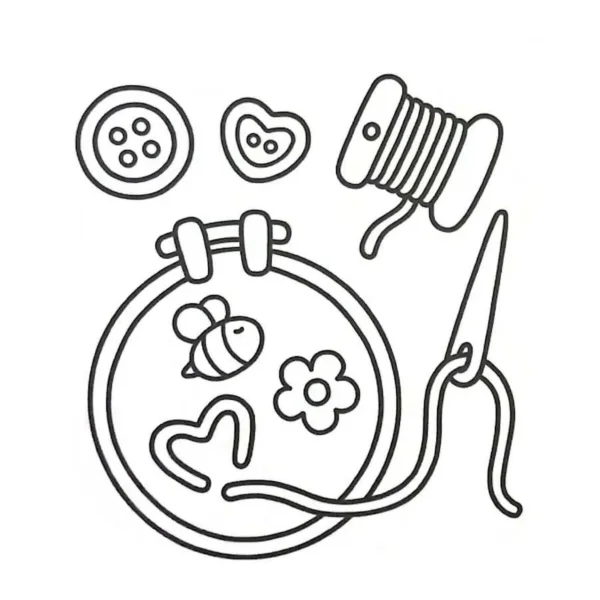 Embroidery hoop with bee, flower and heart — free printable handmade diy coloring book page