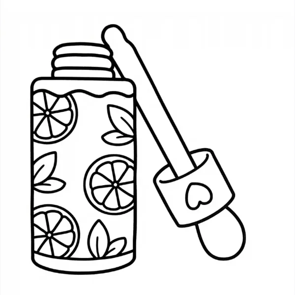 Dropper serum bottle decorated with lemon slices and leaves, cartoon style — free printable beauty care coloring book page