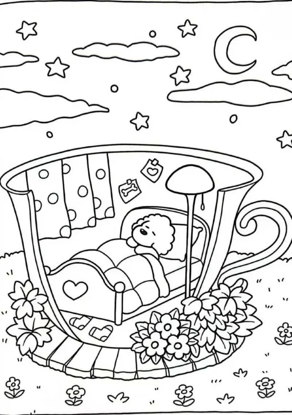 Cute puppy sleeping in a teacup bed, cartoon style — free printable night coloring book page