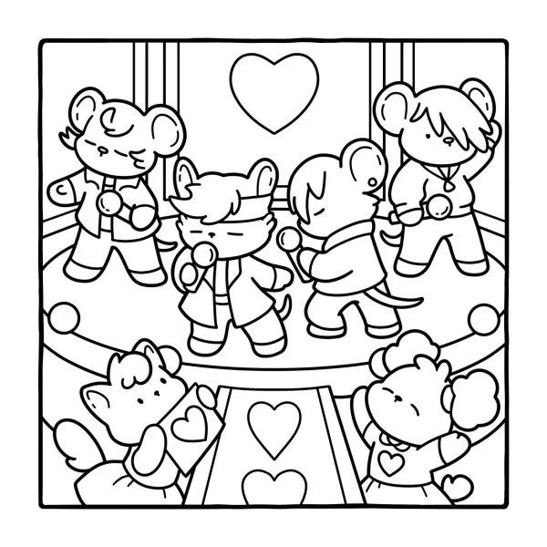 Cute cartoon mice performing on stage with audience mice, cartoon style — free printable performance coloring book page
