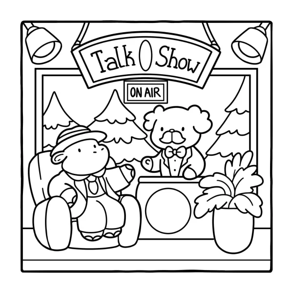 Talk show studio with monkey host and dog guest, cartoon style — free printable entertainment coloring book page