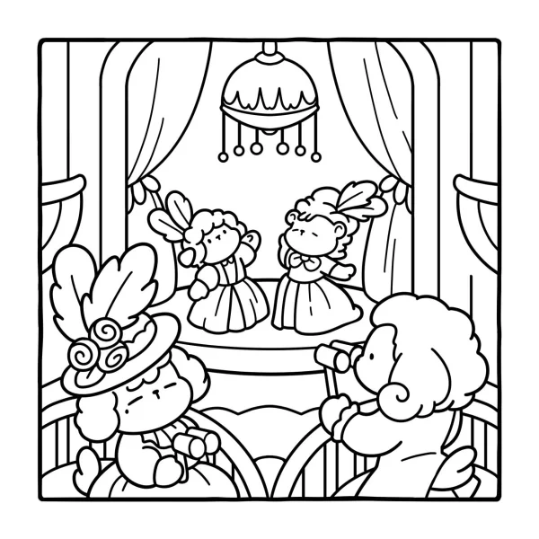 Anthropomorphic sheep stage performance scene, cartoon style — free printable stage performance coloring book page