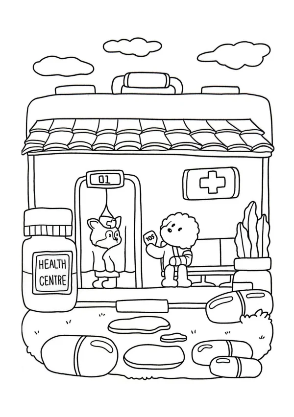 Cartoon pet health centre scene with cat doctor and bear patient, cute cartoon style — free printable medical coloring book page