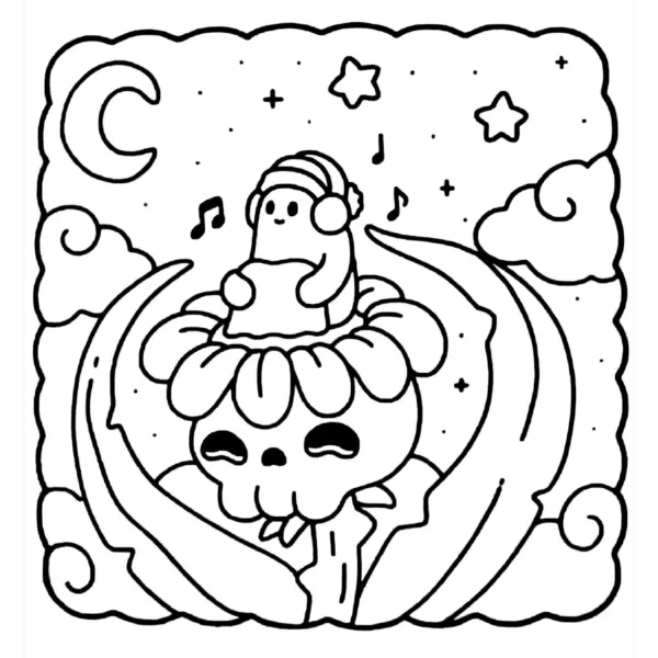 Cute cartoon character with earmuffs sitting on skull-shaped flower, cartoon style — free printable night coloring book page
