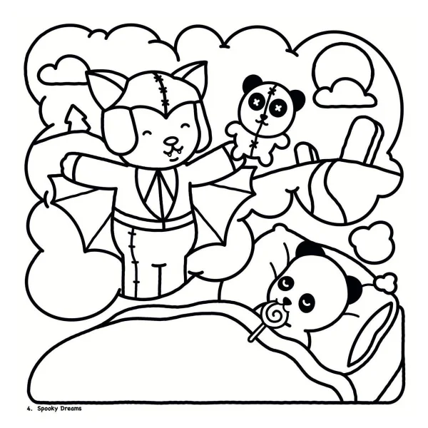 Bat-winged cat holding panda doll, sleeping panda with lollipop in bed — free printable sleep coloring book page