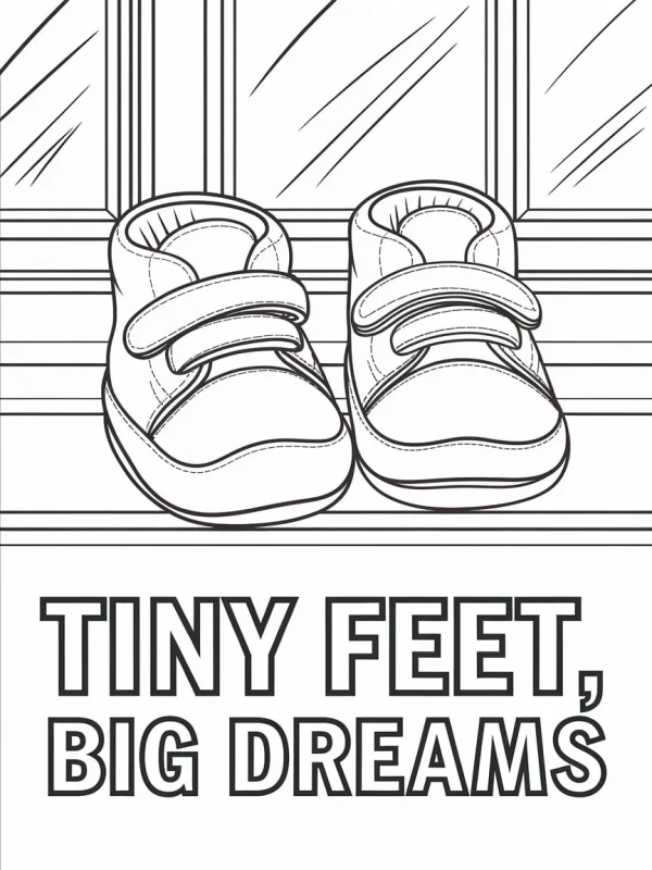 Children's velcro shoes placed on a windowsill, cartoon style — free printable dreams coloring book page