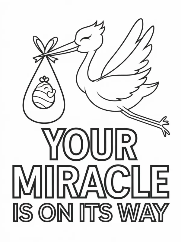 Stork carrying a swaddled baby with a bow, cartoon style — free printable new life coloring book page