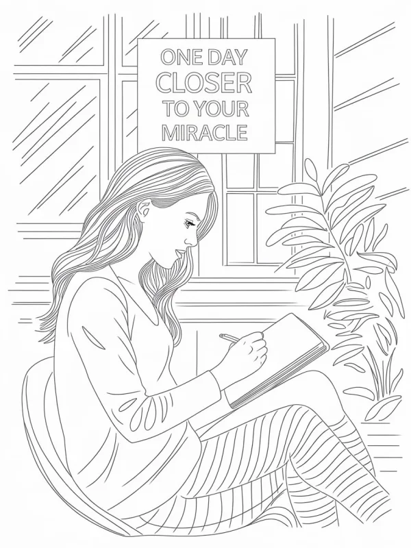Girl writing by the window with a notebook and pen, cartoon style — free printable writing coloring book page