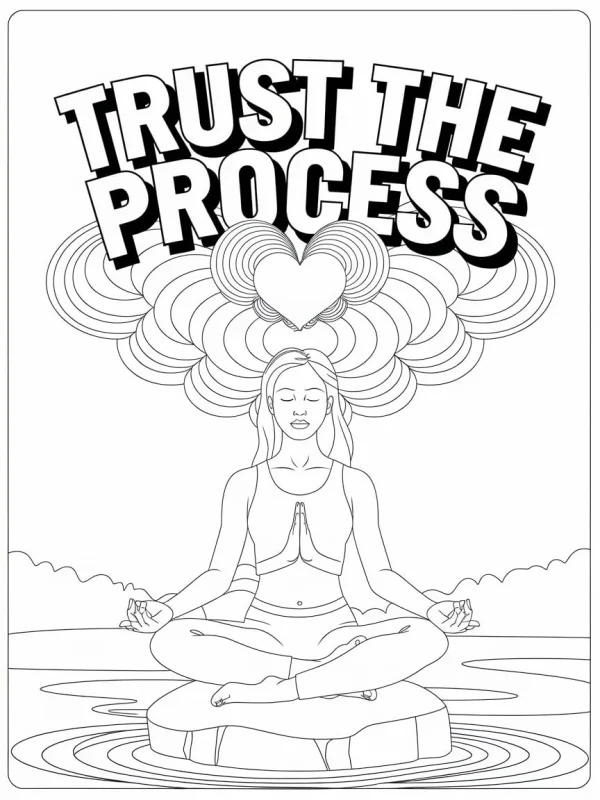 Meditating yoga girl sitting on stone in water, cartoon style — free printable meditation coloring book page