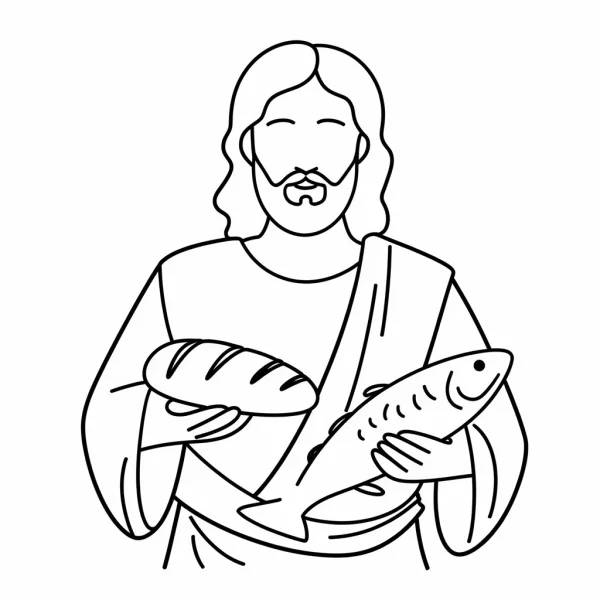 Jesus holding bread and fish, simple sketch line art — free printable bible stories coloring book page